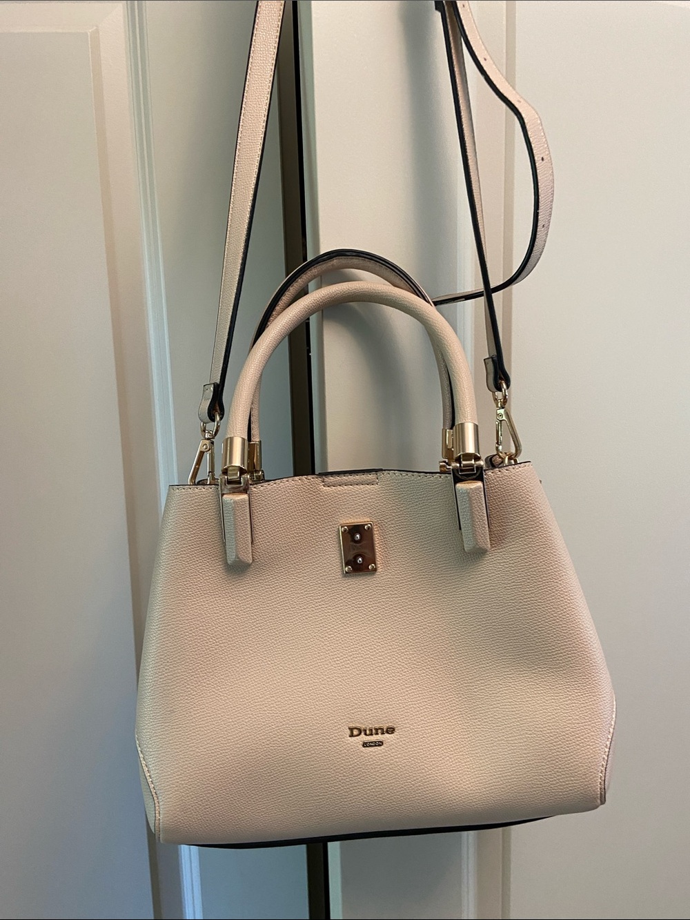 Dune London Cream Structured Top-Handle Tote. FLAW Missing decorative padlock